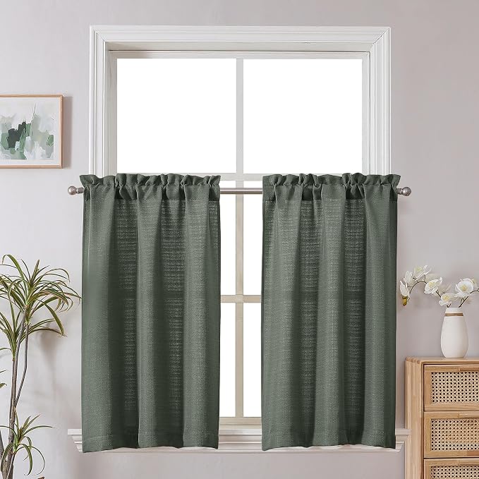 Chyhomenyc Olive Green Faux Linen Textured Small Cafe Curtains, Light Filtering by Chyhomenyc