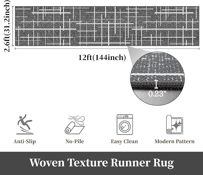 Non Slip Hallway Runner Rug 2.6x12, Modern Distressed Stripe, Washable Extra - Image 2