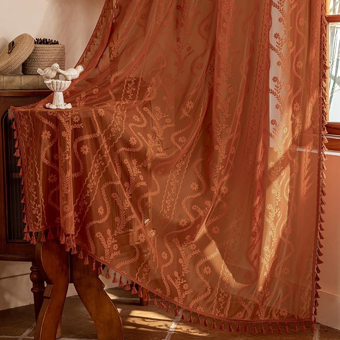 WAZZIO Boho Lace Curtains 45 Inch 2 Panels-Vintage Sheer Panel Drape Floral by WAZZIO