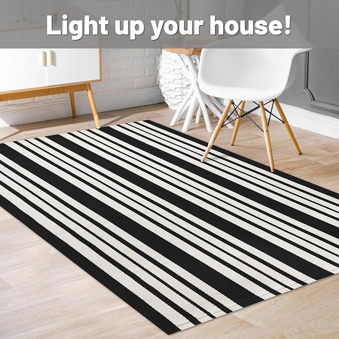 IOHOUZE Black and White Striped Rug 3'x5' Front Door Rugs Outdoor, Washable - Image 9