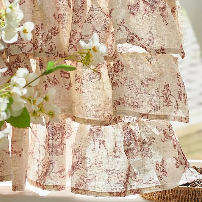 jinchan Amlie Ruffled Floral Valance Curtain Shabby Chic Linen Kitchen Valance - Image 9