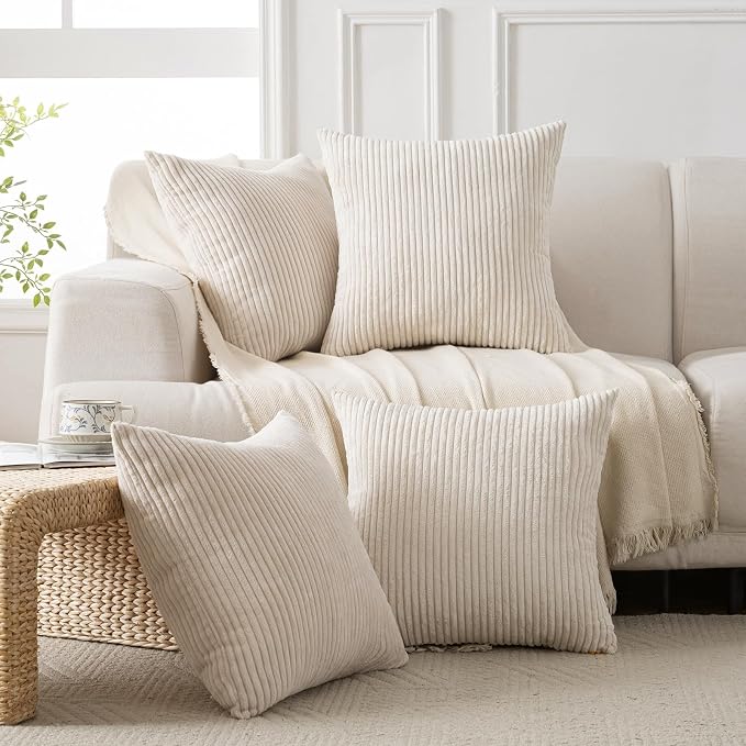 Volcanics Set of 4 Beige Cream Corduroy Decorative Couch Throw Pillow Covers - Image 5