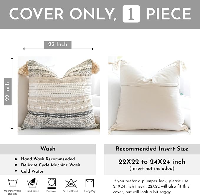 BlissBlush Gray Boho Throw Pillow Cover 22x22, Square Woven Textured Pillowcase - Image 3