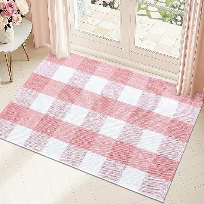 OLANLY Buffalo Plaid Rug 2'4" x 3'7" – Pink and White Cotton Checkered Doormat - Image 3