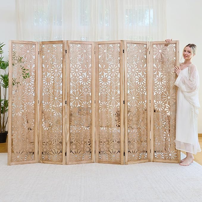Folding Wood Room Divider Panel, 67 Inch Tall Daisy-Carved Privacy Screen - Image 6