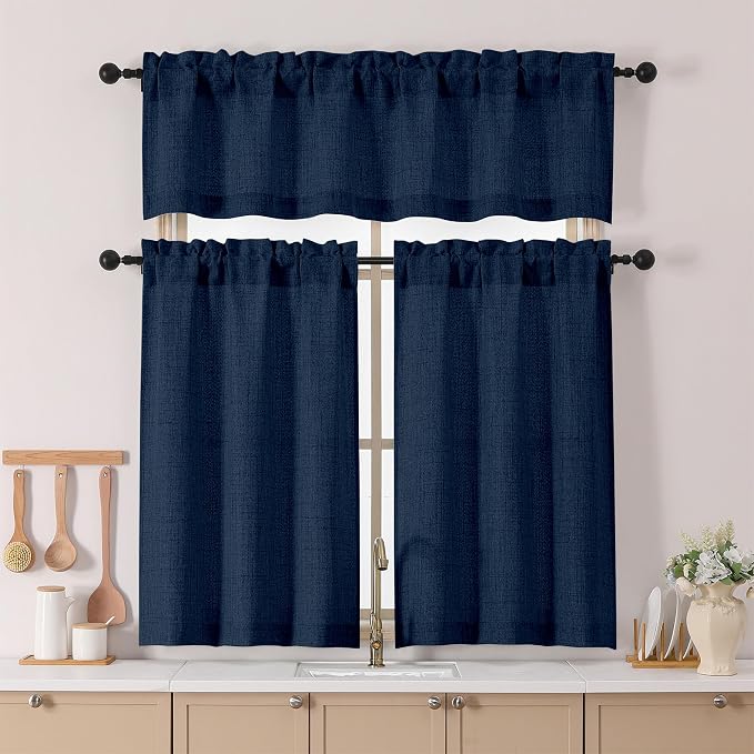 Chyhomenyc Navy Blue Valance for Windows, Light Filtering Faux Linen Slub - Image 2