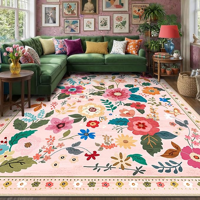 RELEANY Floral Nursery 7x9 Area Rugs Washable Print Boho Cute Carpet Non Slip - Image 3