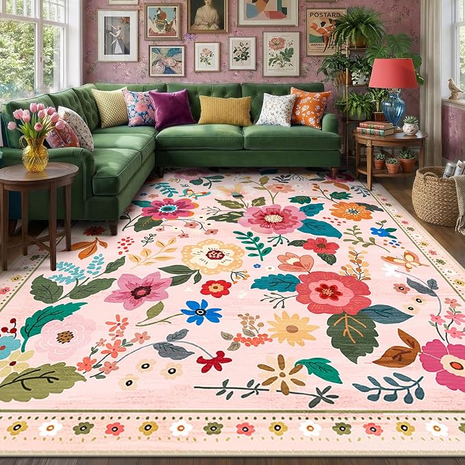 RELEANY Floral Nursery 9x12 Area Rugs Washable Print Boho Cute Carpet Non Slip by RELEANY