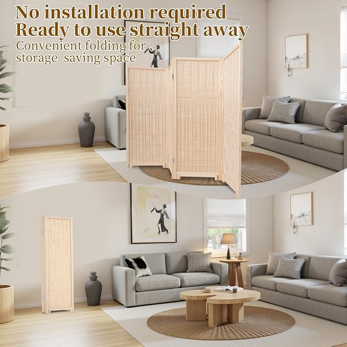 Bamboo Room Divider Panel with 360°Rotating Feet, 4 Panel 47" H Short Folding - Image 4