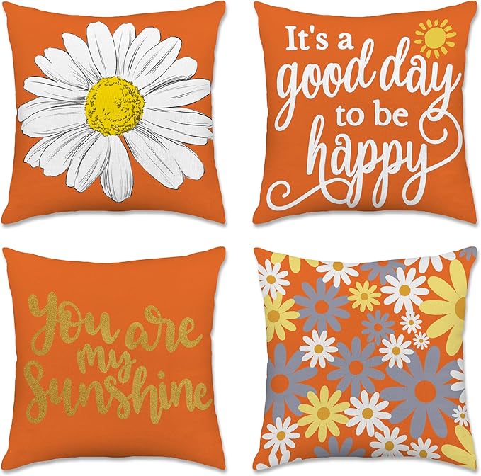 Hexagram Spring Summer Pillow Covers 18x18 Set of 4, Outdoor Floral Daisy by Hexagram