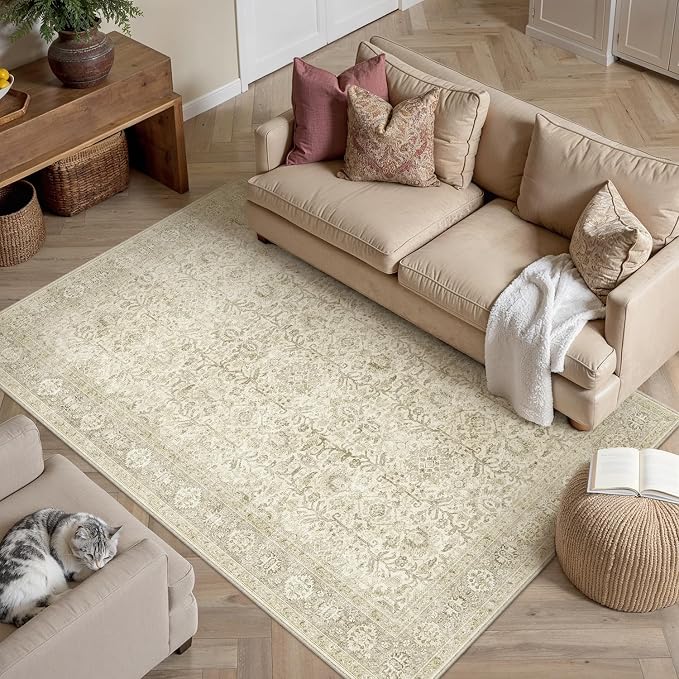 PureCozy Vintage Area Rug 4x5 Beige Entryway Office Washable Carpet Non Slip by PureCozy