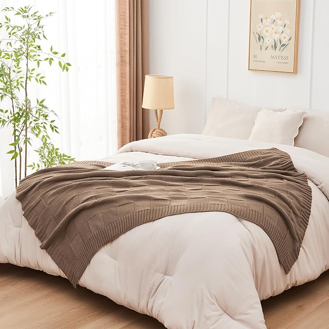 CozeCube Check Knit Throw Blanket, Light Brown Checkered Throw - Image 7