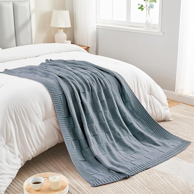 CozeCube Check Knit Throw Blanket, Dusty Blue Checkered Throw - Image 7