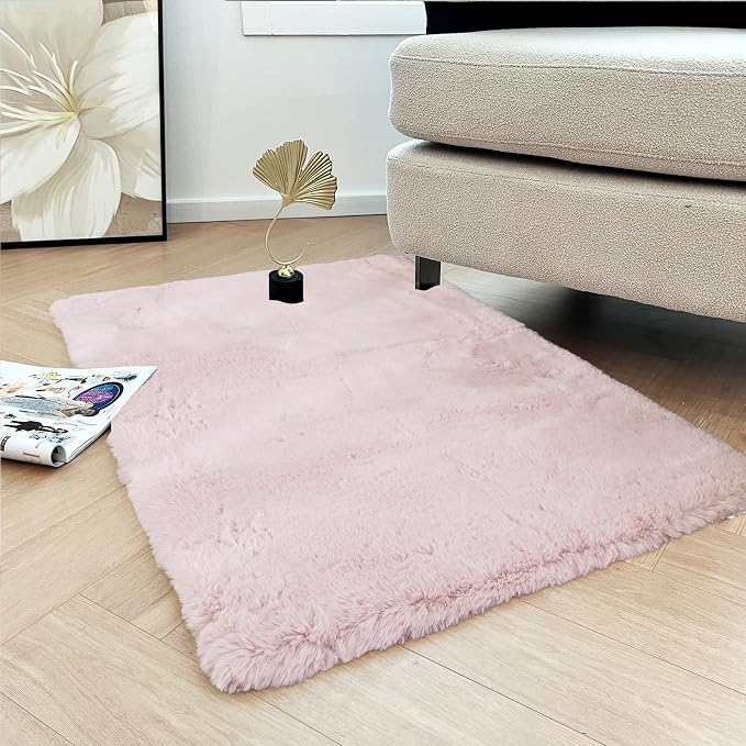 Latepis Light Pink Small Faux Rabbit Rug 2x3 Washable Furry Rugs Soft Fluffy - Image 2