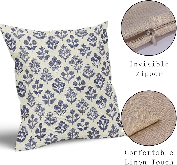 Navy Blue Floral Pillow Covers 24x24 Inch Set of 2, Vintage Flower Block Print - Image 4