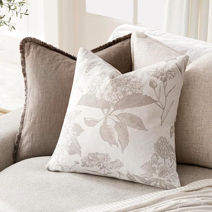 Foindtower Set of 2 Linen Floral Vintage Throw Pillow Covers Neutral Accent - Image 4
