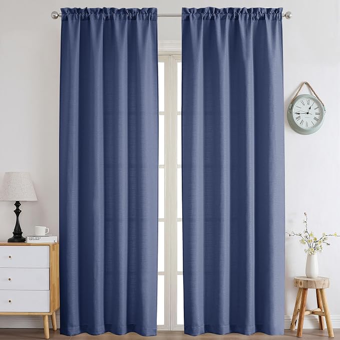 Chyhomenyc Blue Curtains 90 Inch Length 2 Panels Set, Faux Linen Textured Semi - Image 2