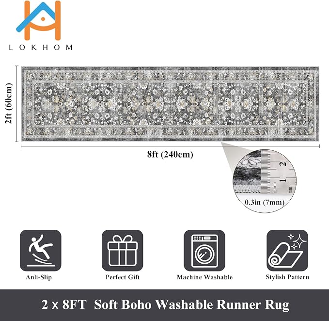 LOKHOM Washable Runner Rug, 2x8 Non-Slip Vintage Hallway Runner Rug - Image 2