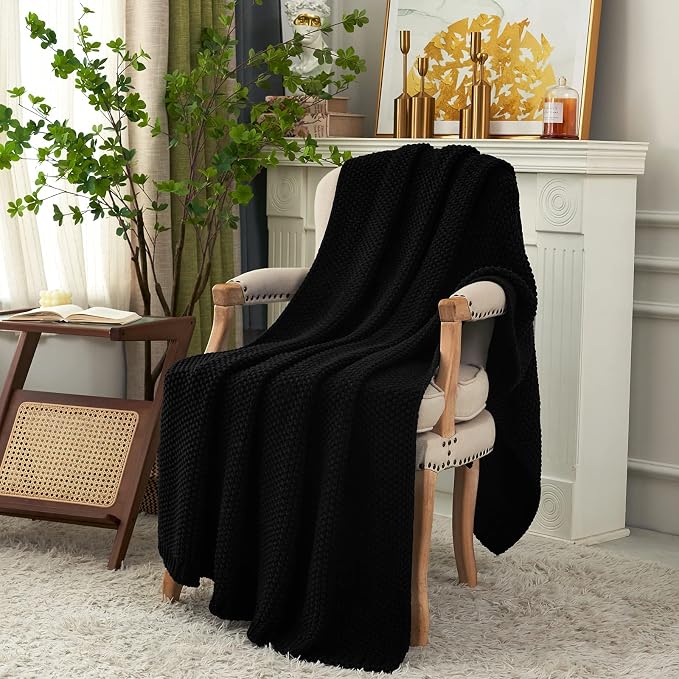 Chunky Cable Knit Throw Blanket Lightweight Black 100% Organic Cotton Blanket - Image 3