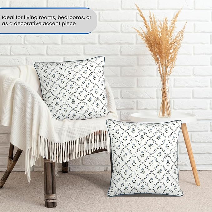 Ridhi Block Print Powder Blue Pillow Cover 16" x 16" Decorative Couch Pillows - Image 2