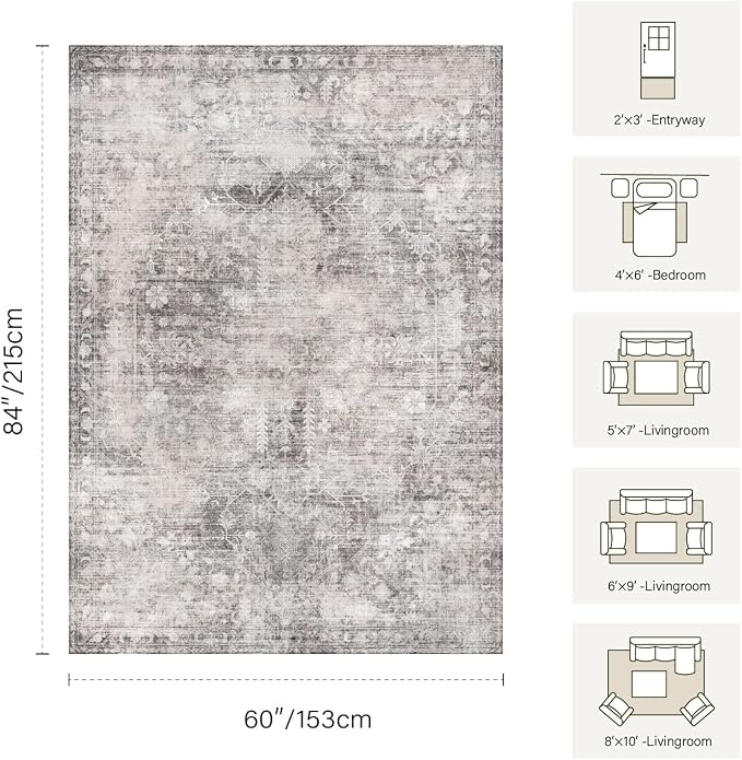 Vintage 8x10 Grey Rug For Living Room, Washable Large Area Rugs for Bedroom - Image 2