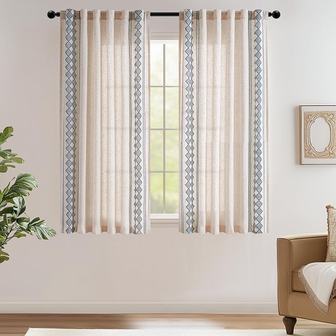 jinchan Boho Curtains Linen Blend Beige Farmhouse Curtains 63 Inches Long - Image 2