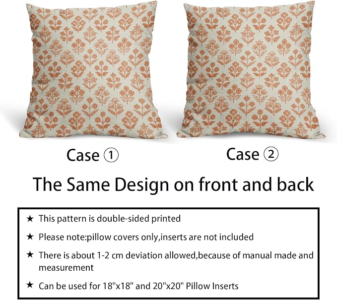 Orange Floral Pillow Covers 22x22 Inch Set of 2, Vintage Flower Block Print - Image 6