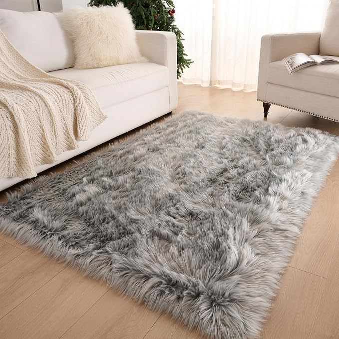 Fluffy Faux Fur Rug Grey Sheepskin Area Rug, 3x5 Ft Ultra Soft Shaggy Plush Rug - Image 3