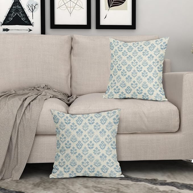 Light Blue Floral Pillow Covers 24x24 Inch Set of 2, Vintage Flower Block Print - Image 3