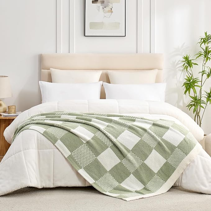 Snuggle Sac Checkered Blanket, Sage Green Throw Blanket - Image 4