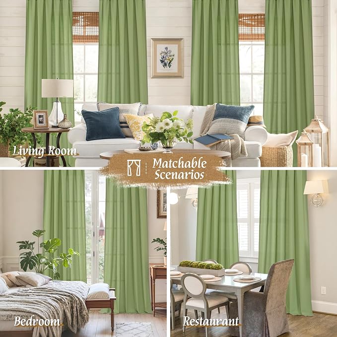 LAMIT Green Linen Curtains for Bedroom, Faux Linen Textured Light Filtering - Image 6