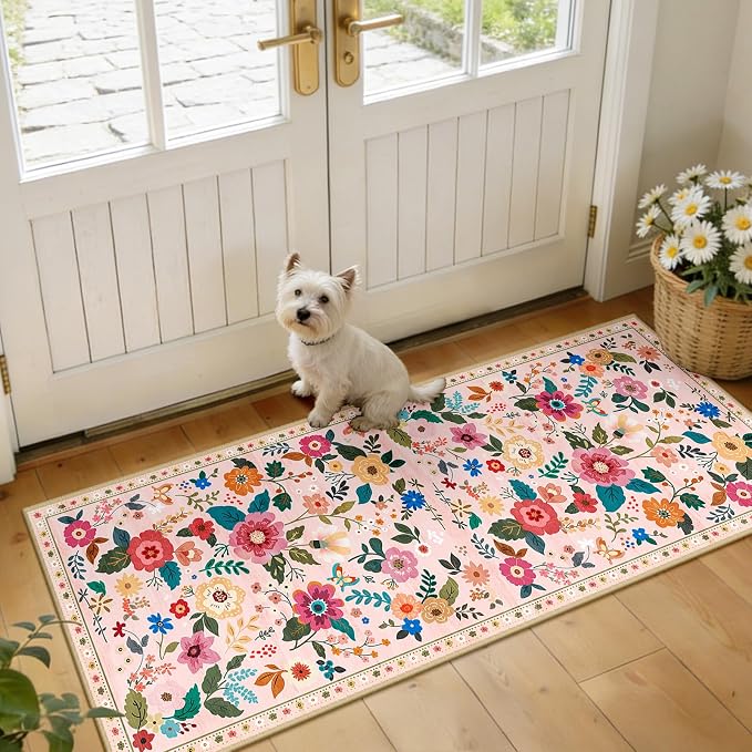 RELEANY Floral Nursery 2x5 Area Rugs Washable Print Boho Cute Carpet Non Slip by RELEANY