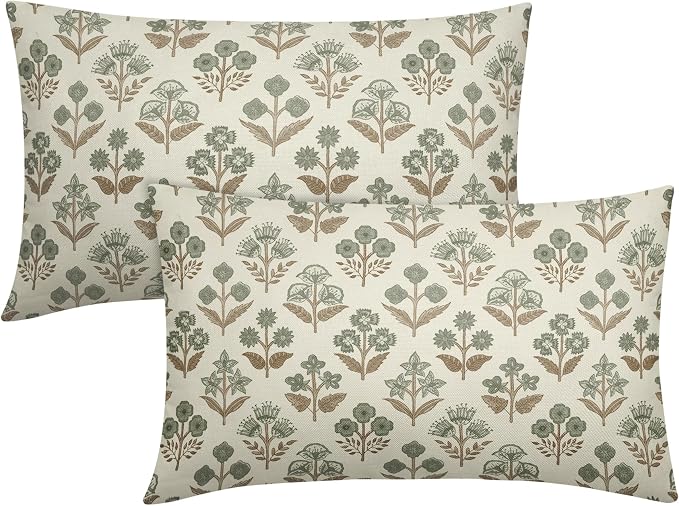 Brown Green Floral Pillow Covers 12x20 Inch Set of 2, Block Print Lumbar Flower by Sivirary