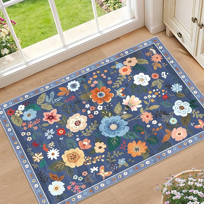 RELEANY Floral Nursery 2x3 Area Rugs Washable Print Boho Cute Carpet Non Slip by RELEANY