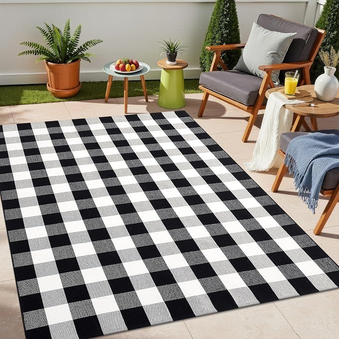 OLANLY Buffalo Plaid Rug 4' x 6' – Black and White Cotton Checkered Doormat by OLANLY