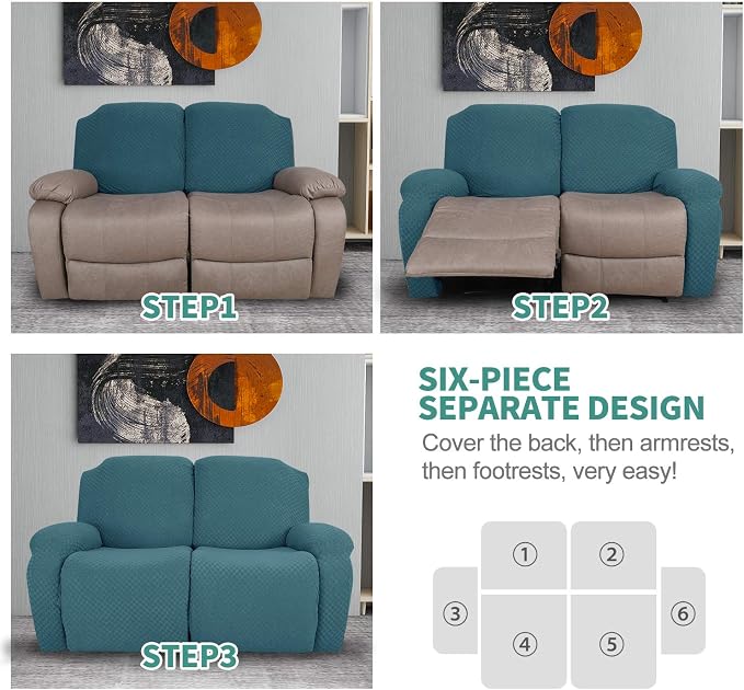 YEMYHOM 6 Pieces Stretch Loveseat Recliner Slipcover Jacquard Recliner Sofa - Image 7