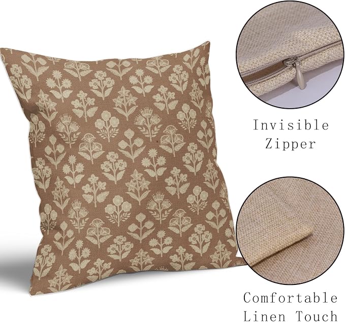 Brown Floral Pillow Covers 24x24 Inch Set of 2, Vintage Flower Block Pattern - Image 4