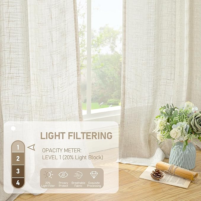 LAMIT Linen Curtains 40 Inch Length 2 Panels, Cream Ivory Semi Sheer Light - Image 4