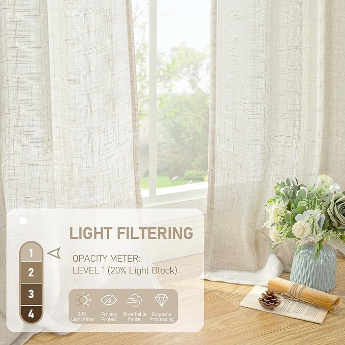 LAMIT 38 Inch Width Semi Sheer Linen Curtains 2 Panels, Cream Ivory Light - Image 4