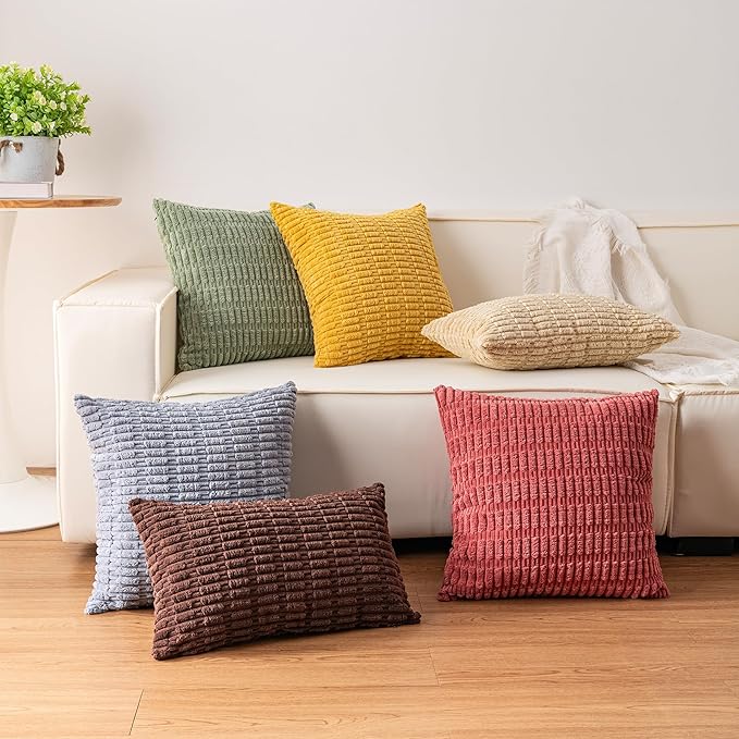 Pack of 2 Corduroy Decorative Throw Pillow Covers 18x18 Inch Fall Soft Striped - Image 5