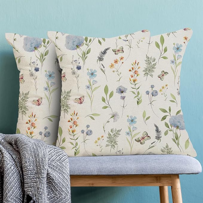 Spring Pillow Covers 20x20 Inch Set of 2, Sage Green Blue Wild Flower Throw - Image 2