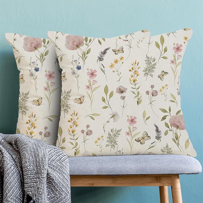 Spring Pillow Covers 16x16 Inch Set of 2, Sage Green Pink Wild Flower Throw - Image 2