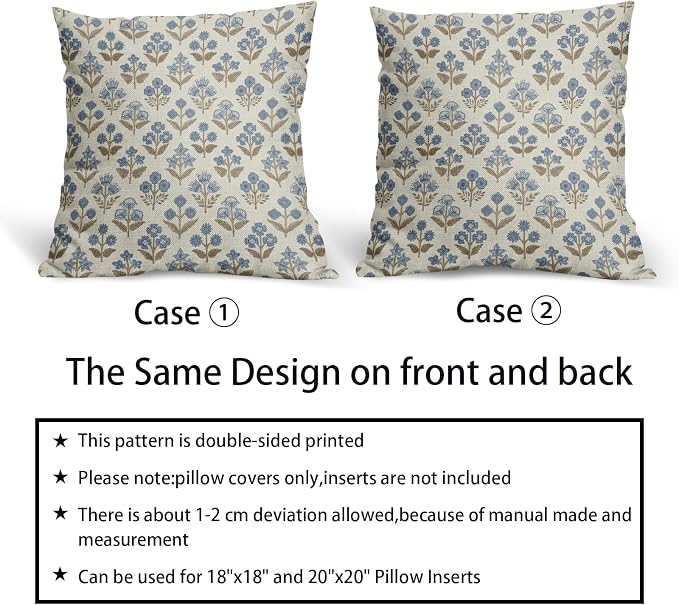 Brown Blue Floral Block Print Pillow Covers 16x16 Inch Set of 2, Vintage Flower - Image 6