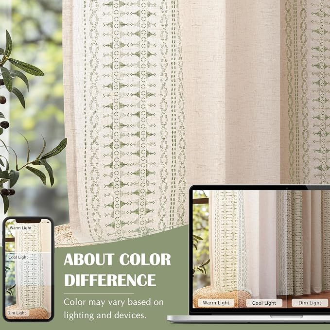 jinchan Boho Curtains for Bedroom Linen Blend Sage Green Embroidered Bordered - Image 7
