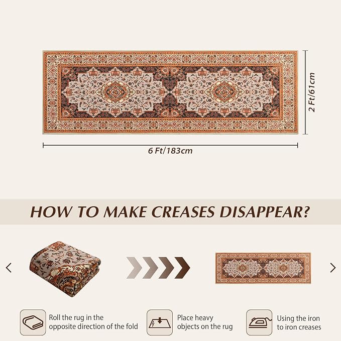 Runner Rug for Bedroom, 2x6Ft Machine Washable Area Rugs, Vintage Non-Slip Low - Image 2