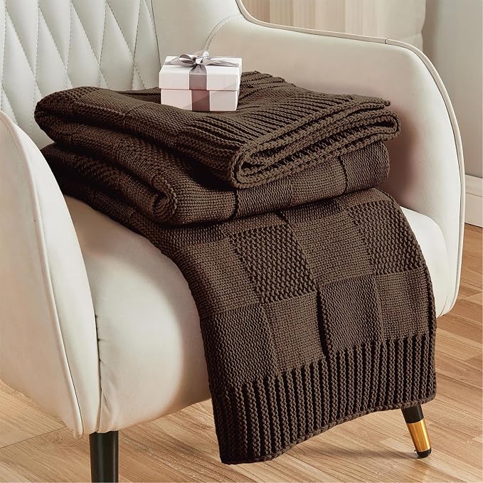 CozeCube Check Knit Throw Blanket, Dark Brown Checkered Throw by CozeCube