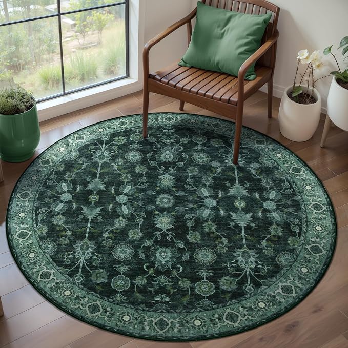 Tangsoo Vintage Round Rug 4ft Washable Circle Rug, Non Slip Small Boho Round Rug by Tangsoo