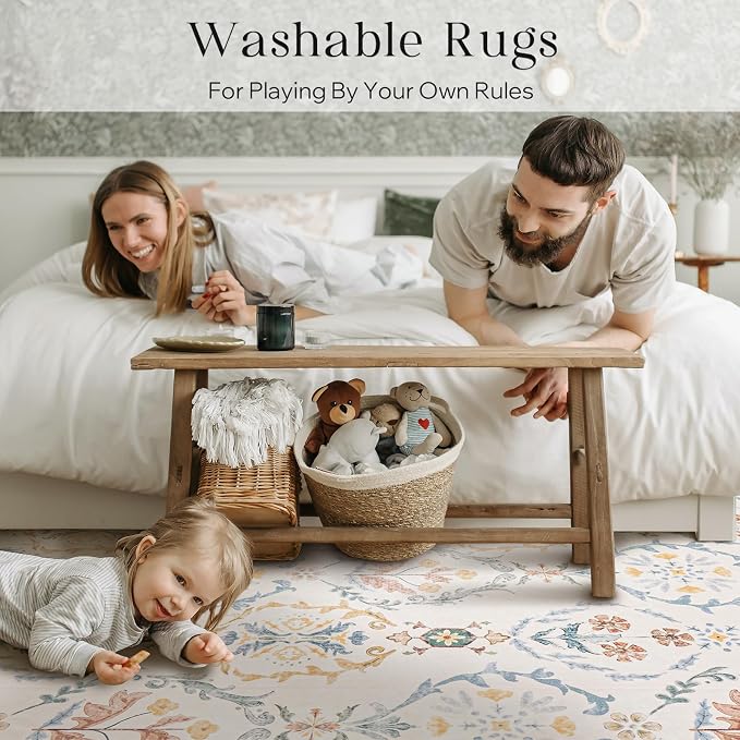 Phantoscope Washable Area Rug 8'x10' Non-Slip, Vintage Floral Boho Rugs - Image 9