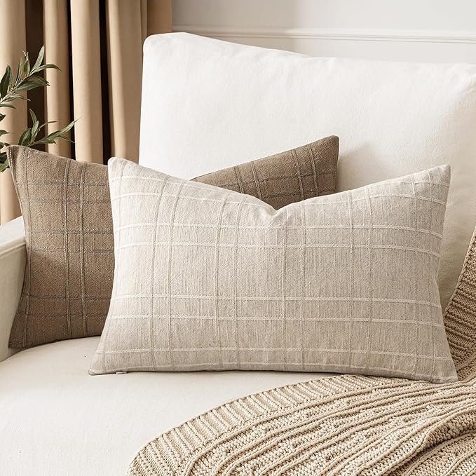 MIULEE Decorative Linen Check Lumar Throw Pillow Covers Neutral Farmhouse - Image 3