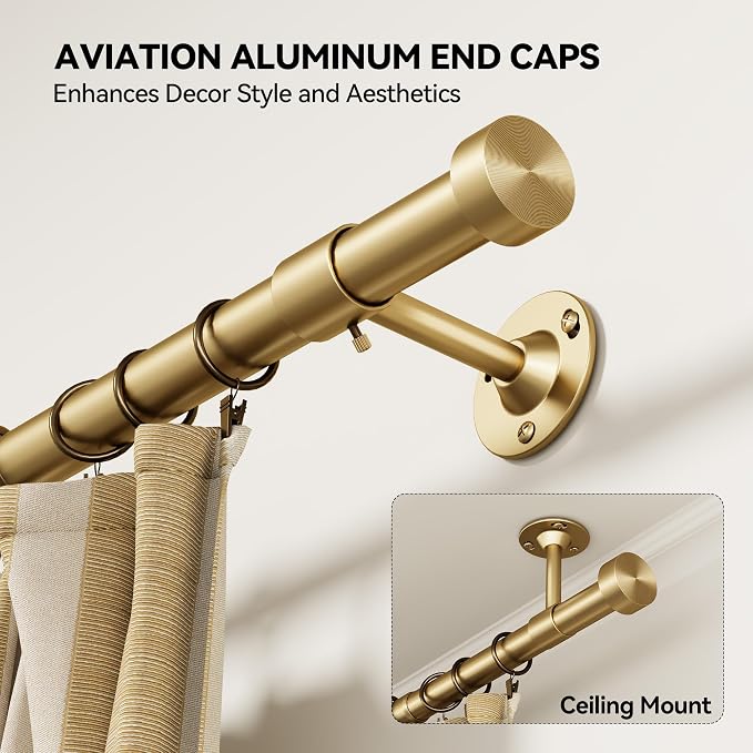 YaFex 2 Pack Heavy Duty Curtain Rods 32-150 Inch, 1 Inch Adjustable Gold - Image 2